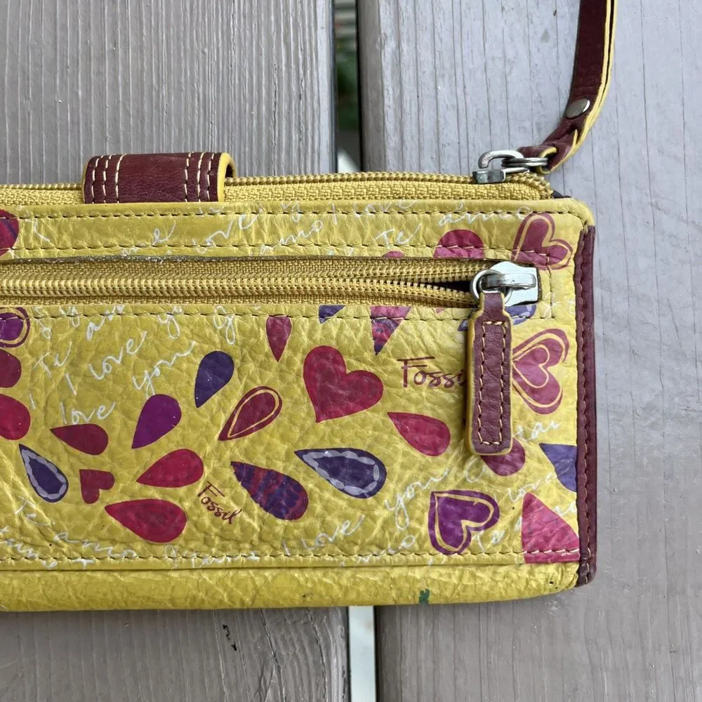 FOSSIL Vintage Women's Floral Leather Wristlet Clutch Wallet Yellow Zippered
